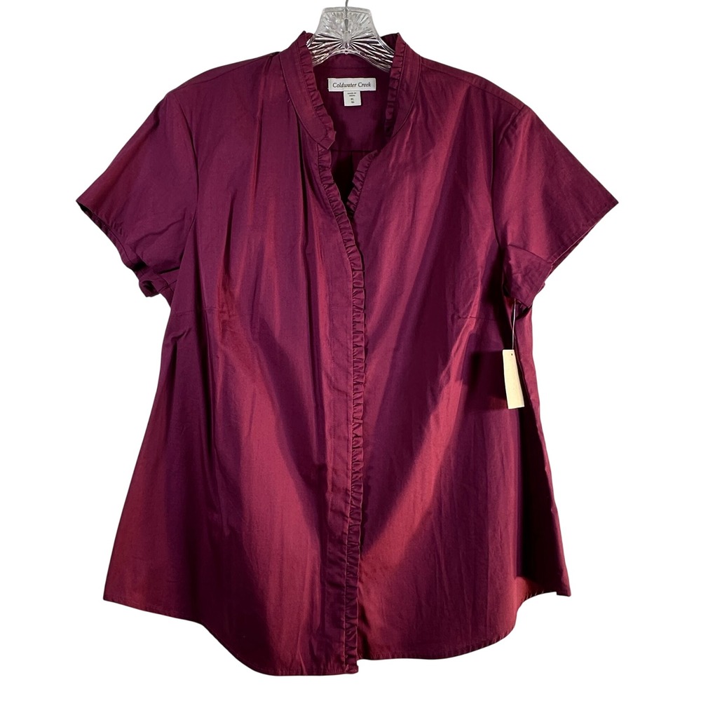 Coldwater Creek Berry Ruffle V-Neck Short Sleeve Stretch Cotton Top XL 16 NEW